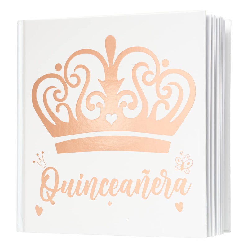 Calculs Mis Quince 15th Birthday Picture Book centros de mesa para 15 anos quinceaneras Party Guest Book Keepsake 8.5â€ Square Blank Pages White Cover Rose Gold Foiled - Image 1