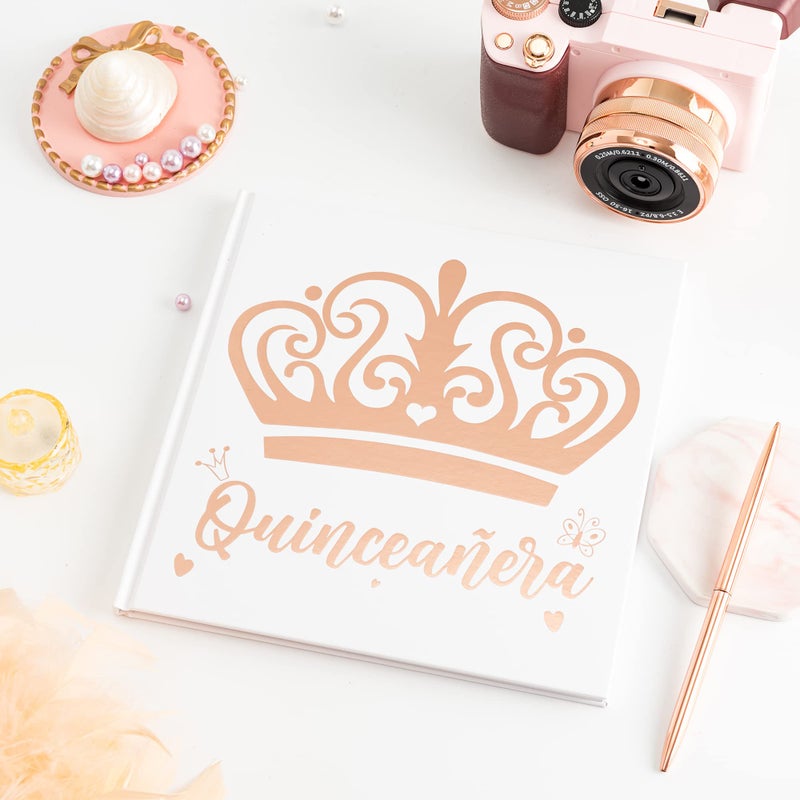 Calculs Mis Quince 15th Birthday Picture Book centros de mesa para 15 anos quinceaneras Party Guest Book Keepsake 8.5â€ Square Blank Pages White Cover Rose Gold Foiled - Image 5