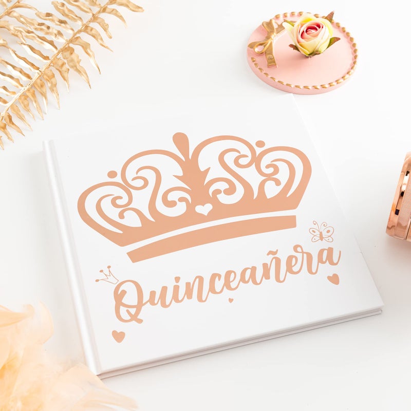 Calculs Mis Quince 15th Birthday Picture Book centros de mesa para 15 anos quinceaneras Party Guest Book Keepsake 8.5â€ Square Blank Pages White Cover Rose Gold Foiled - Image 3