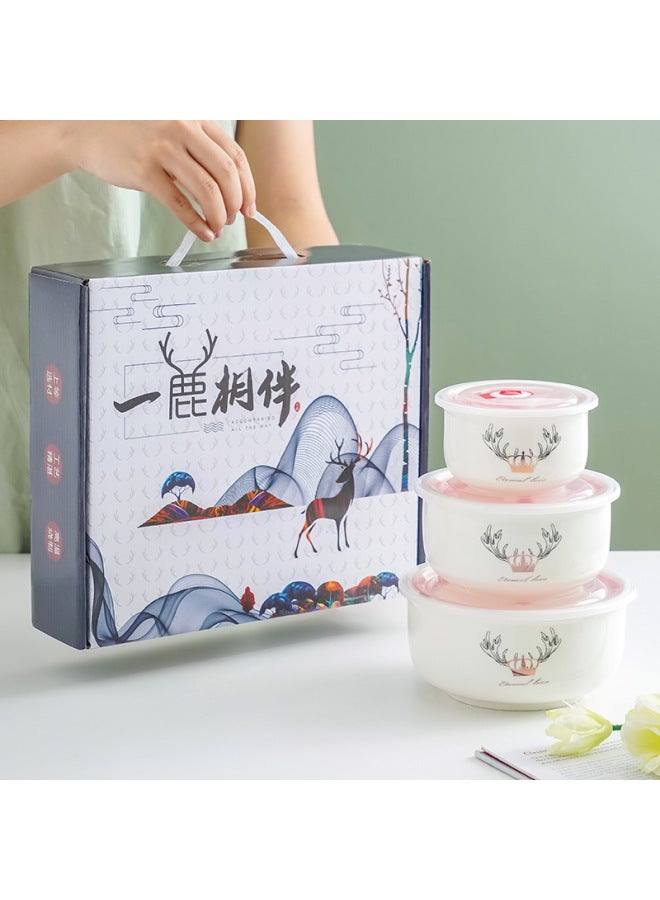 Ceramic Fresh-keeping Bowl Three-piece Vacuum Sealed Microwave Oven Gift Bowl Wedding Gift Will Sell Tableware Printing-Specifications:A Deer Accompanied-Color:5 Inch Single Pack (60 Sets Or 30 Sets In A Box) - Image 1