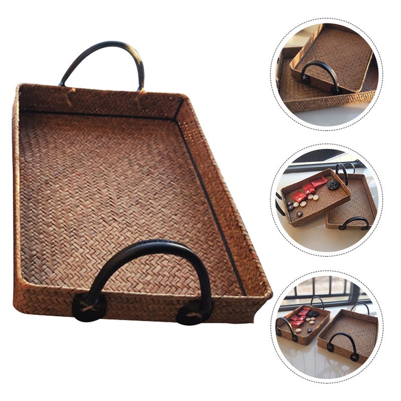 🏠 سلة تخزين من قش البحر ٣١x٢٣x٥ سم بلون القهوة بمقبض دائري مثالية للمنزل - Image 1