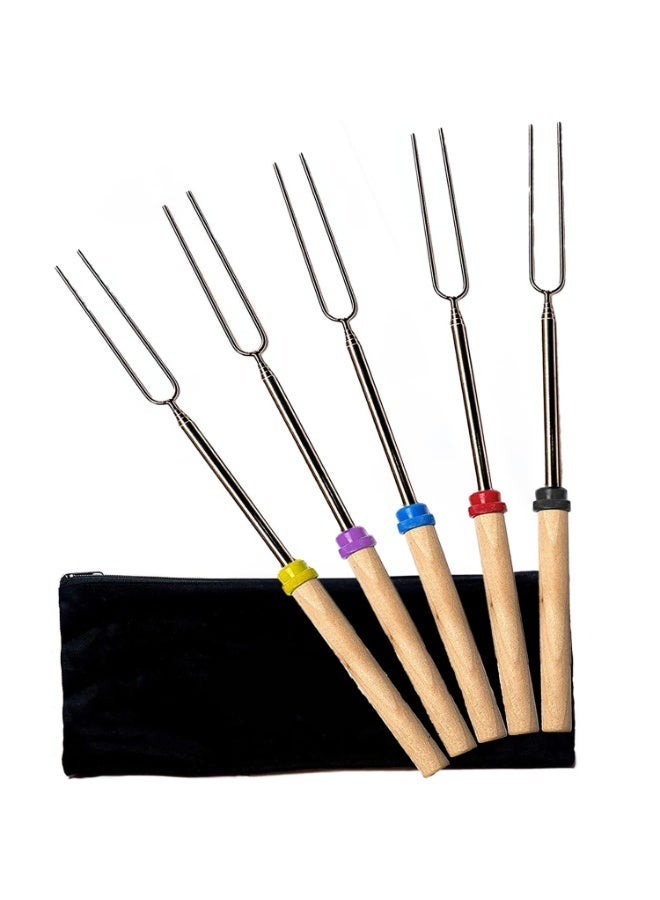 5Pcs Telescopic Smores Sticks for Fire Pit, Long Marshmallow Roasting Stick, U-Shaped Wooden Handle Roasting Fork, Smores Skewers, Campfire Cooking Equipment, Camping Essentials Gear, Outdoor BBQ Accessories, 32Inch