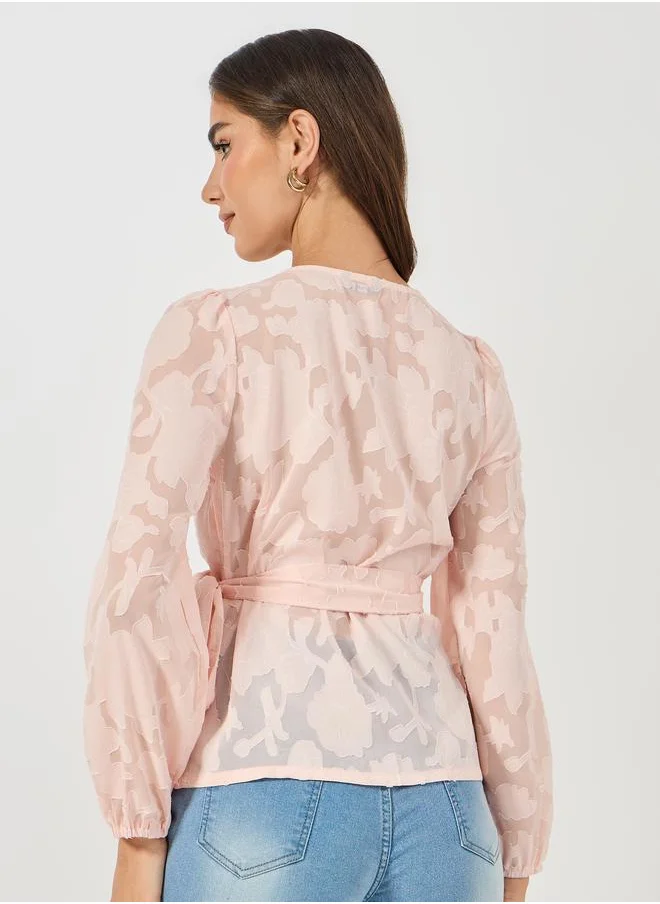 Styli Floral Pattern Burnout Wrap Top with Tie Belt