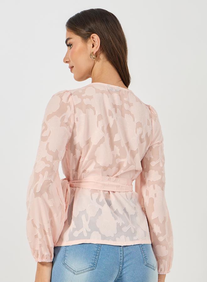 Styli Floral Pattern Burnout Wrap Top With Tie Belt - Image 4