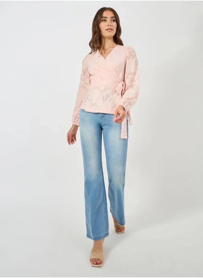 ستايلي Floral Pattern Burnout Wrap Top with Tie Belt