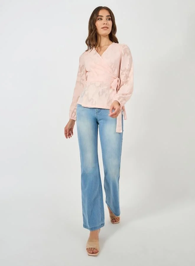 Styli Styli Floral Pattern Burnout Wrap Top With Tie Belt
