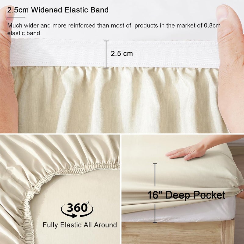 PHF 3 Piece 60% Rayon Derived from Bamboo 40% Polyester Cooling Twin Size Bedding Sheet Set, Luxury Silky Soft Breathable for Hot Sleeper, Includes 1 Fitted Sheet (100 cm x 190 cm) with 40 cm deep pocket,1 Flat Sheet (165 cm x 255 cm) and 1 Standard Pillowcase (50cm x 75cm), Natural Beige - Image 5