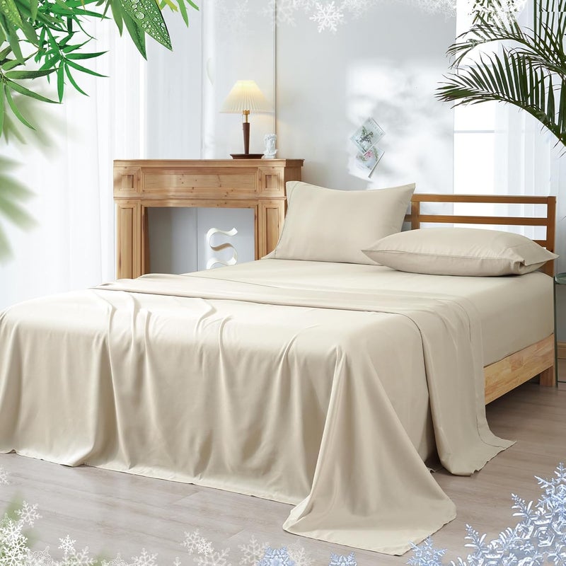 PHF 3 Piece 60% Rayon Derived from Bamboo 40% Polyester Cooling Twin Size Bedding Sheet Set, Luxury Silky Soft Breathable for Hot Sleeper, Includes 1 Fitted Sheet (100 cm x 190 cm) with 40 cm deep pocket,1 Flat Sheet (165 cm x 255 cm) and 1 Standard Pillowcase (50cm x 75cm), Natural Beige - Image 1