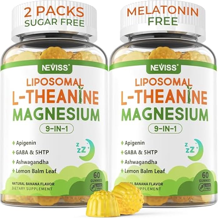 NEVISS Liposomal L-Theanine 200mg Magnesium Glycinate 400mg Gummies with GABA, 5HTP, Apigenin, Vitamin B6 & D3, Ashwagandha, Lemon Balm Leaf, Melatonin Free Sleep Chewable for Relax Mood & Muscle, 2 Packs - Image 1