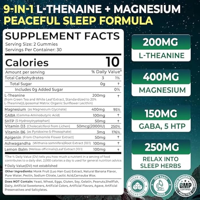 NEVISS Liposomal L-Theanine 200mg Magnesium Glycinate 400mg Gummies with GABA, 5HTP, Apigenin, Vitamin B6 & D3, Ashwagandha, Lemon Balm Leaf, Melatonin Free Sleep Chewable for Relax Mood & Muscle, 2 Packs - Image 2