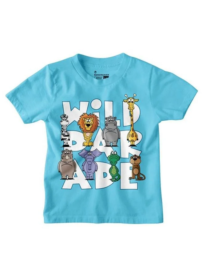 Bonorganik Boy's Sky Blue 100% Cotton Printed Regular Fit T-Shirt