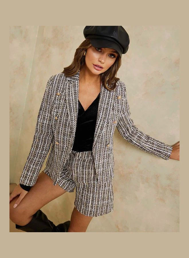 Styli Double Breasted Tweed Short Length Blazer
