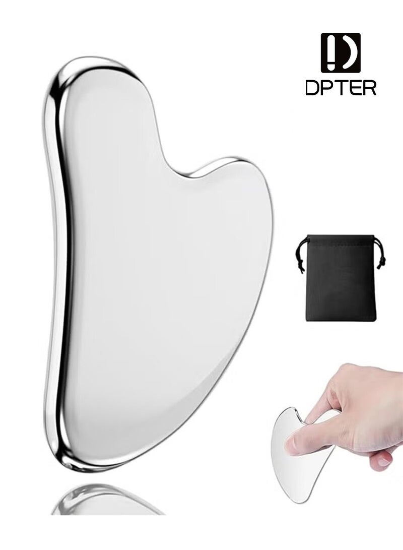 DPTER Stainless Steel Gua Sha Facial Tools, Face Metal Gua Sha Tighten Skin Massage Guasha Scraping Beauty Tool for Body Eyes Neck Skin Massager with Travel Pouch(Silver) - Image 1