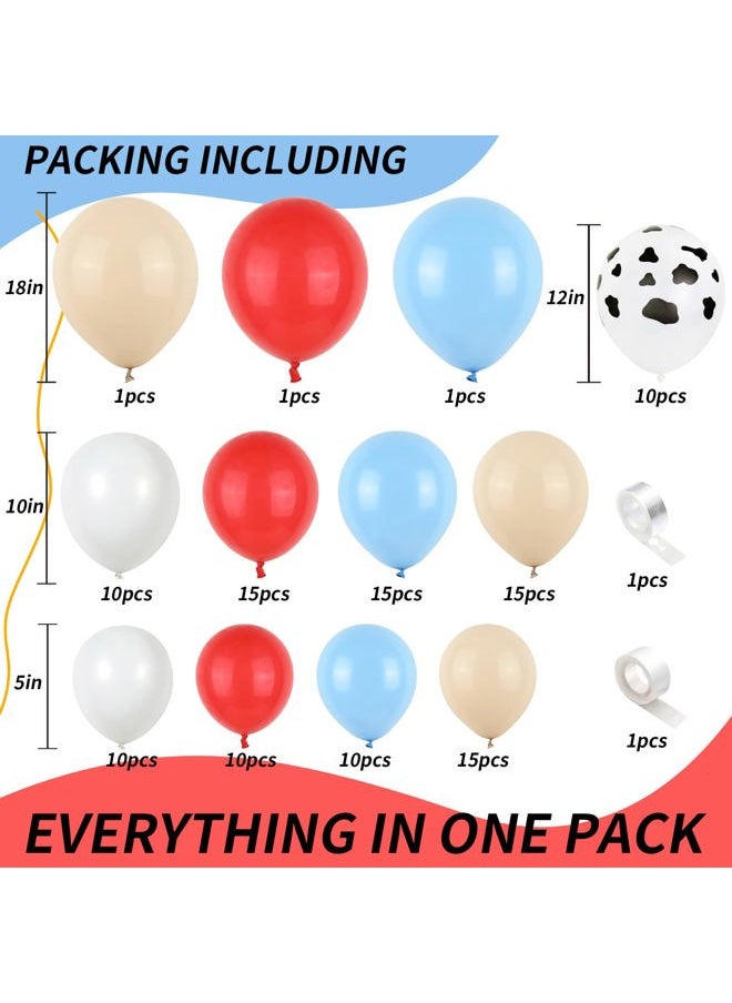 Isndare - Farm Animal Theme Balloon Garland Arch Kit Red Blue White Latex Balloons Garland with Cow Print Balloons for Kid Barn Yard Farmhouse Country Western Cowboy Birthday Party Supplies Decoration - Image 1