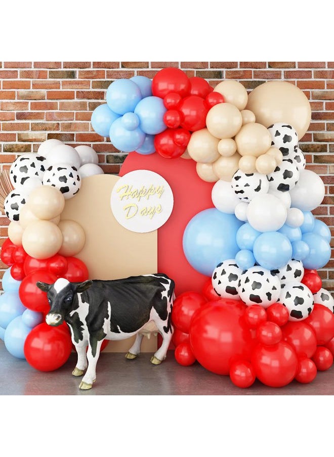 Isndare - Farm Animal Theme Balloon Garland Arch Kit Red Blue White Latex Balloons Garland with Cow Print Balloons for Kid Barn Yard Farmhouse Country Western Cowboy Birthday Party Supplies Decoration - Image 1