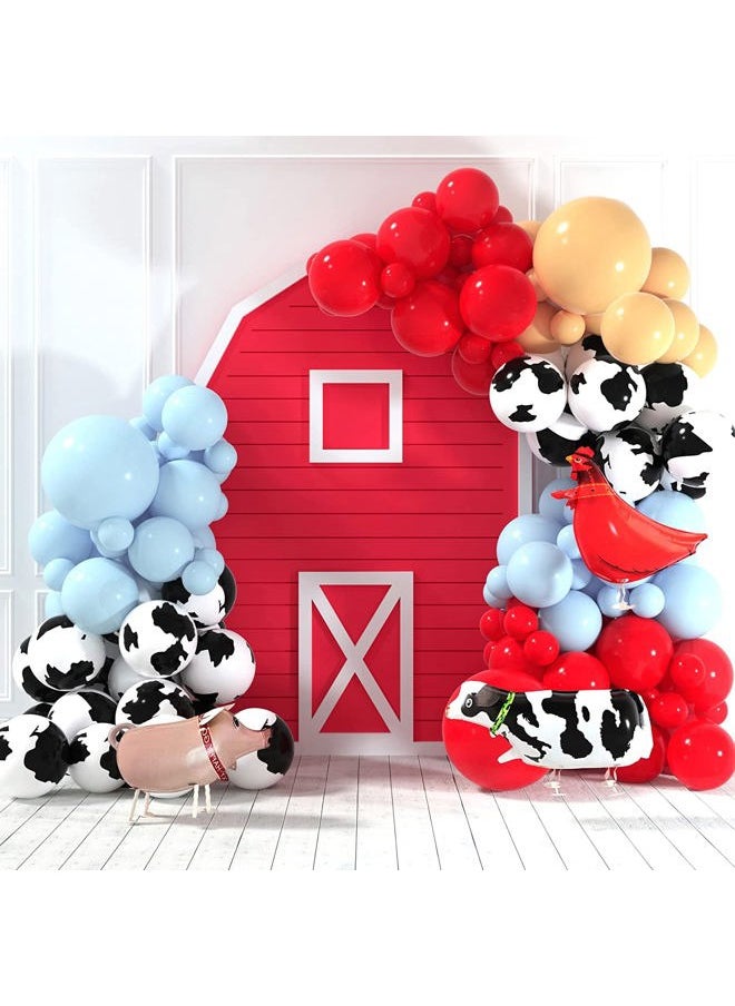 Isndare - Farm Animal Theme Balloon Garland Arch Kit Red Blue White Latex Balloons Garland with Cow Print Balloons for Kid Barn Yard Farmhouse Country Western Cowboy Birthday Party Supplies Decoration - Image 1