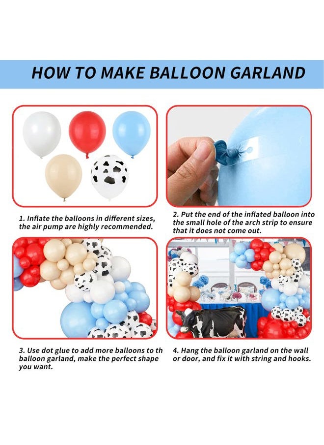 Isndare - Farm Animal Theme Balloon Garland Arch Kit Red Blue White Latex Balloons Garland with Cow Print Balloons for Kid Barn Yard Farmhouse Country Western Cowboy Birthday Party Supplies Decoration - Image 1