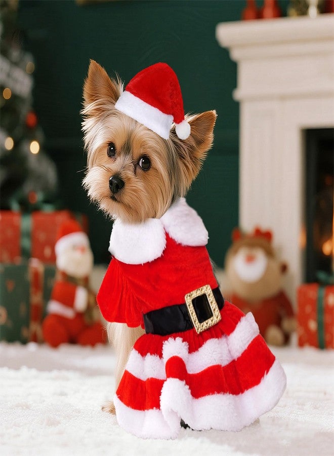cnomg Christmas Dog Dress Santa Pet Christmas Dress Red with Red Santa Hat for Winter Holiday Soft Thermal Skirt (Large) - Image 2