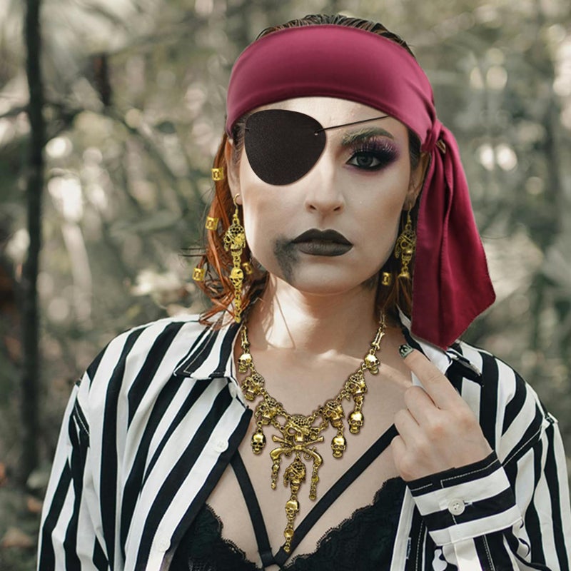 RechicGu Pirate Role Play Costume Accessory Set For women Halloween Crusie Pirate Night Party,Headband Eyepatch Skull Stockings,Skull Tassel Charm Necklace Earrings Jewelry Set,Dreadlock Beads,Wine Red - Image 4