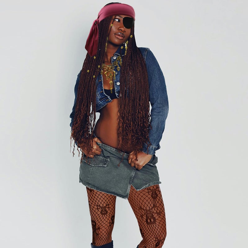 RechicGu Pirate Role Play Costume Accessory Set For women Halloween Crusie Pirate Night Party,Headband Eyepatch Skull Stockings,Skull Tassel Charm Necklace Earrings Jewelry Set,Dreadlock Beads,Wine Red - Image 5
