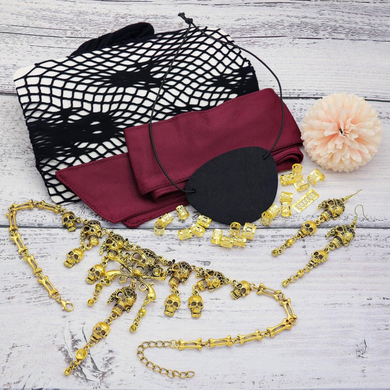 RechicGu Pirate Role Play Costume Accessory Set For women Halloween Crusie Pirate Night Party,Headband Eyepatch Skull Stockings,Skull Tassel Charm Necklace Earrings Jewelry Set,Dreadlock Beads,Wine Red - Image 3