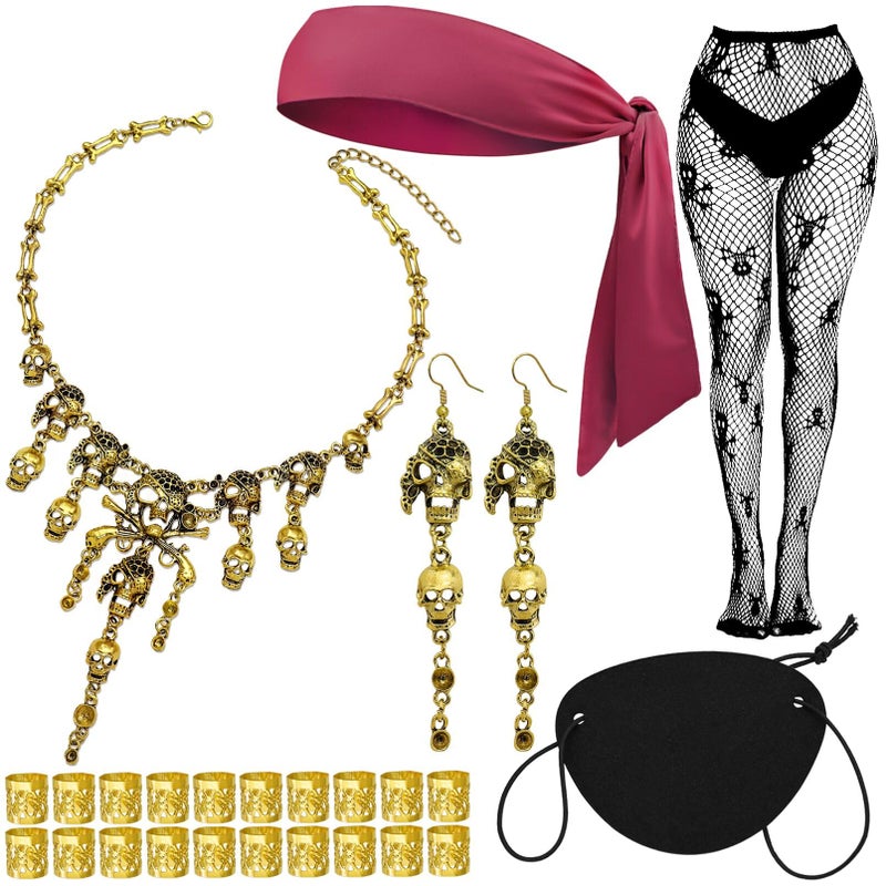 RechicGu Pirate Role Play Costume Accessory Set For women Halloween Crusie Pirate Night Party,Headband Eyepatch Skull Stockings,Skull Tassel Charm Necklace Earrings Jewelry Set,Dreadlock Beads,Wine Red - Image 1
