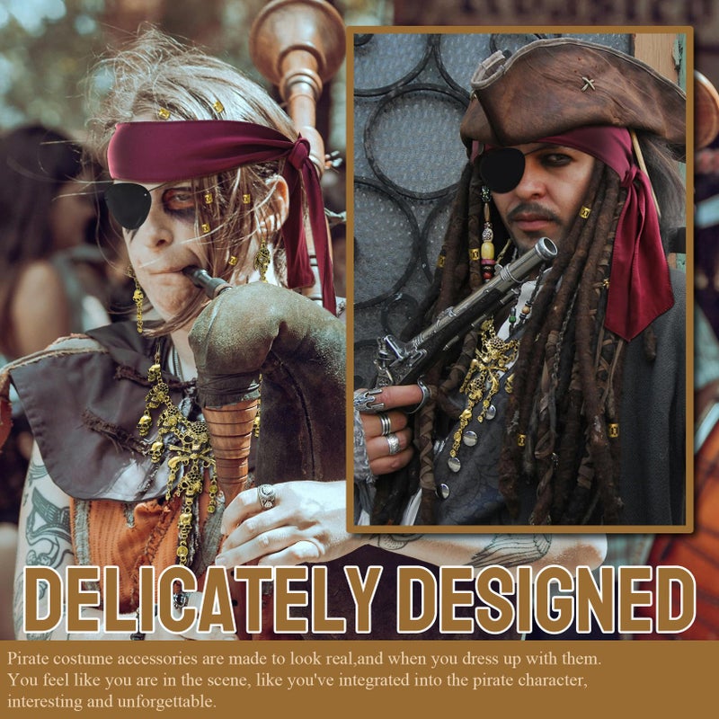 RechicGu Pirate Role Play Costume Accessory Set For women Halloween Crusie Pirate Night Party,Headband Eyepatch Skull Stockings,Skull Tassel Charm Necklace Earrings Jewelry Set,Dreadlock Beads,Wine Red - Image 2