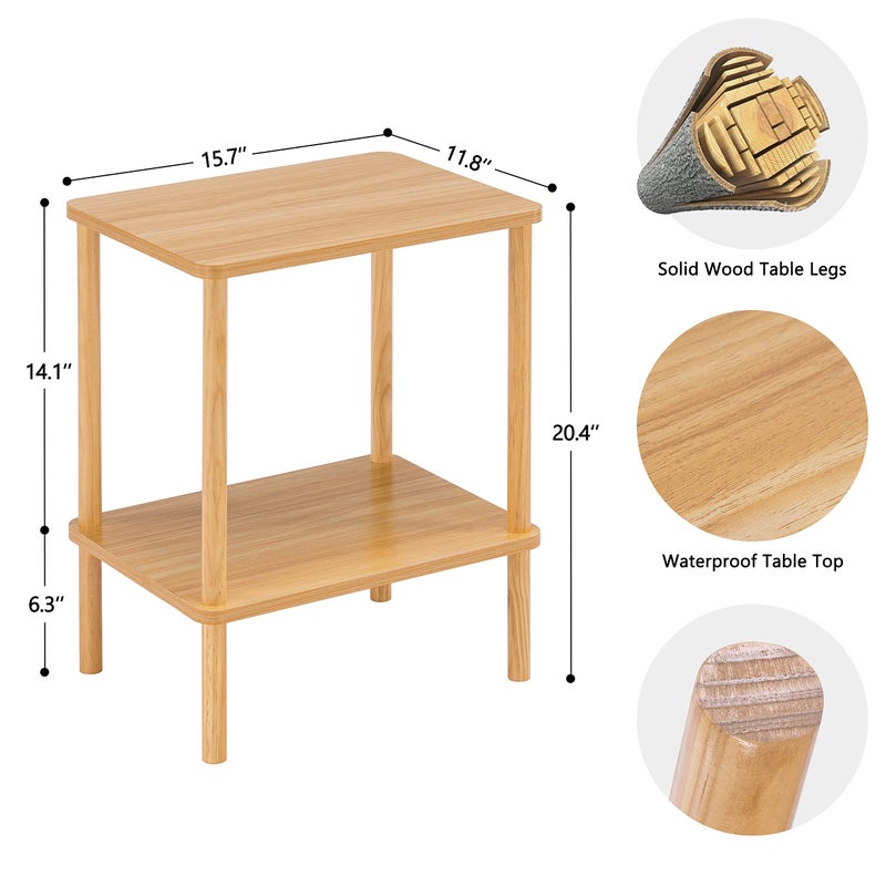 Apicizon 2 Tier End Table, Small Side Table with Solid Wood Legs, Boho Bedside Table with Storage Shelf, Nightstand for Small Spaces, Bedroom, Living Room, Entryway, Farmhouse, Easy Assembly, Natural - Image 2