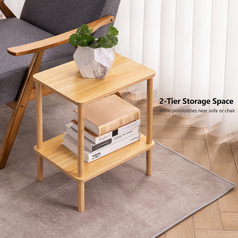 Apicizon 2 Tier End Table, Small Side Table with Solid Wood Legs, Boho Bedside Table with Storage Shelf, Nightstand for Small Spaces, Bedroom, Living Room, Entryway, Farmhouse, Easy Assembly, Natural - Image 4