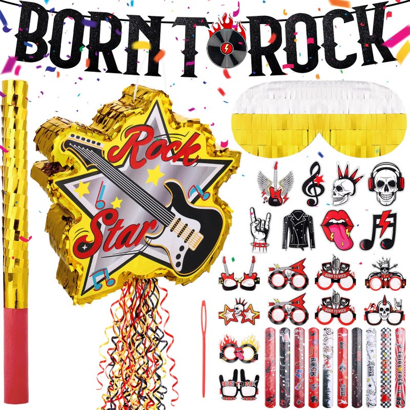 Guiqulai 26Pcs Rock and Roll Guitar Piata Party Set with Blindfold Banners Glasses Snap Bracelets for Music Theme Celebrations - Image 3