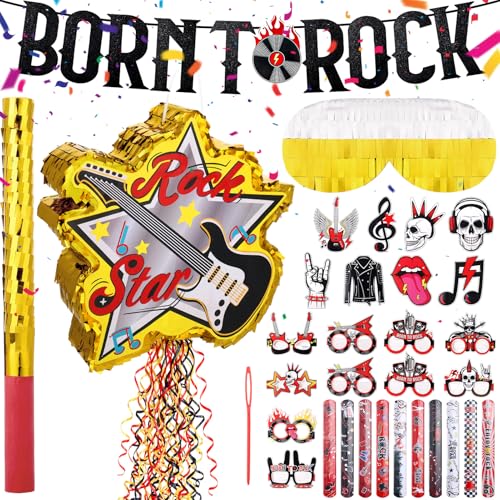 Guiqulai 26Pcs Rock and Roll Guitar Piata Party Set with Blindfold Banners Glasses Snap Bracelets for Music Theme Celebrations - Image 1