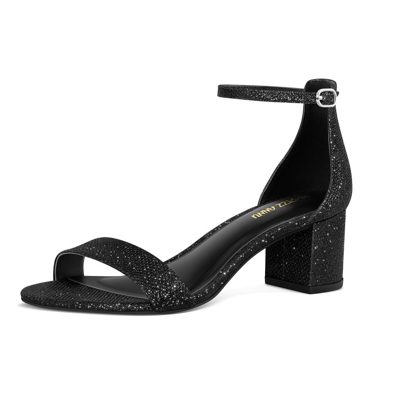 PIZZ ANNU Women's Low Block Heels 2 Inch Sandals Chunky Open Toe Ankle Strap Wedding Dress Pump Shoes For Women Brides Ladies, Black Glitter 8 - Image 1