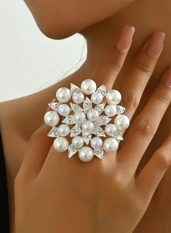 Take Two Silver Take Two Embellished Faux Pearl Flower Ring for Women | Best Price UAE