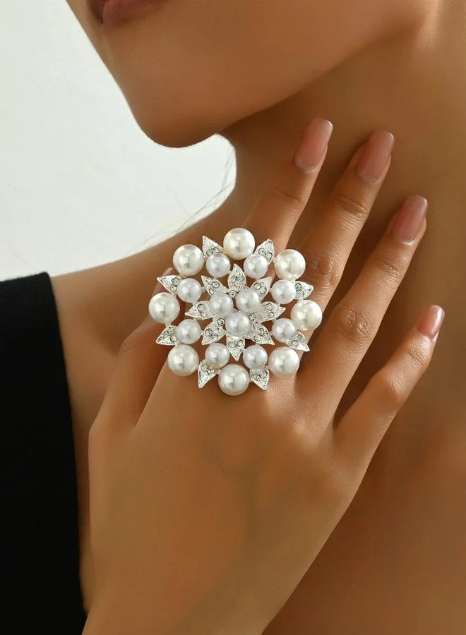 Take Two Silver Take Two Embellished Faux Pearl Flower Ring for Women | Best Price UAE