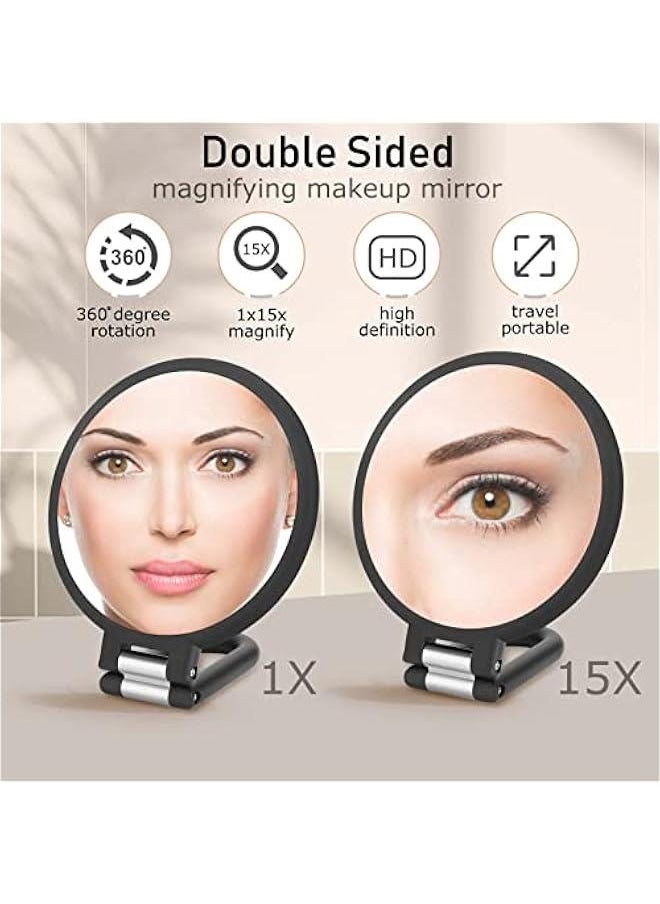 Arabest - Folding Double Sided Handheld Mirror with 1X and 15X Magnification for Travel Vanity Makeup Desk. Rotation Pedestal Adjustable Held Portable Magnifying Mirror. - Image 1