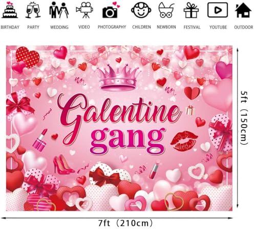 BUTEN Galentine Gang Backdrop Pink Hearts Happy Galentines Day Background for Girls Ladies Valentine's Day Party Decorations Banner Supplies (7X5FT(82 x 59 inch)) - Image 3