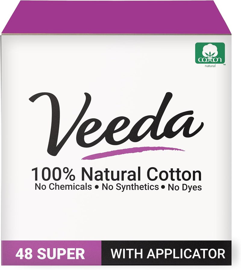 Veeda Veeda 100% Natural Cotton Tampons - Super Absorbency with leak proof protection - Compact BPA-Free Applicator - Unscented & Free from Chlorine, Toxin - 48 Count 