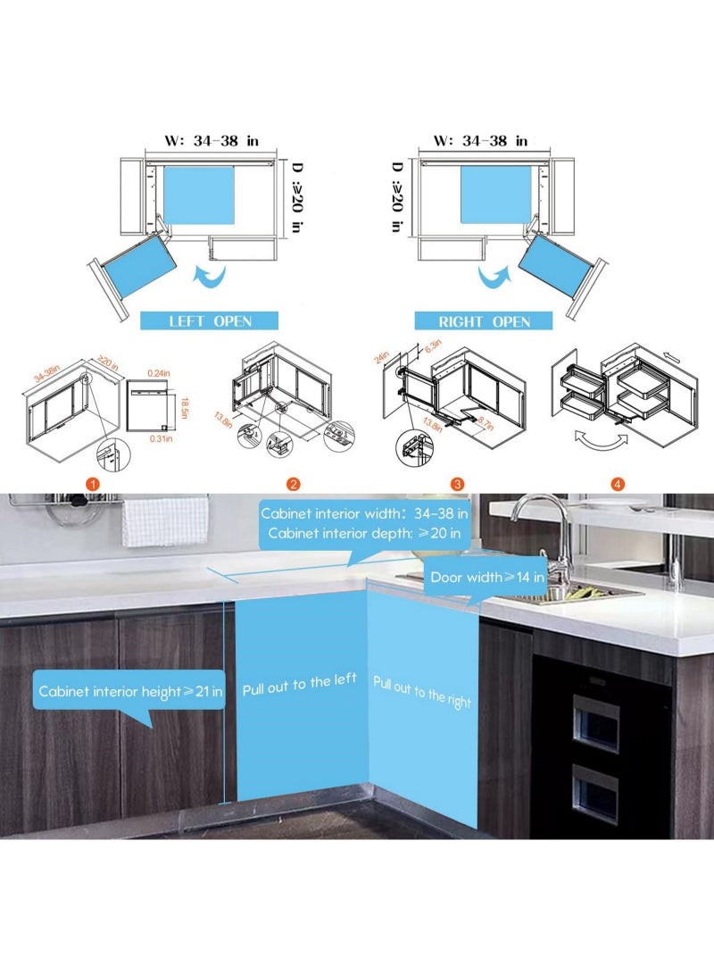 Zeeco Blind Corner Cabinet Pull Out Organizer for 14 Inch Kitchen, Magic Corner Left or Right Handed Open, 2 Tiers Swing Tray, Chrome Soft Close - Image 5