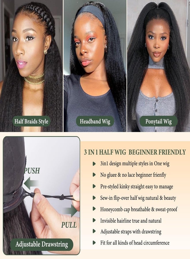 Prosa Kinky curly 3 in 1 Half Wig synthetic Hair, Seamless Flip Over Half Wigs Glueless Wear and Go Beginner Friendly Clip In Hair Drawstring Headband Wig for Women (1B, 22inch) - Image 4