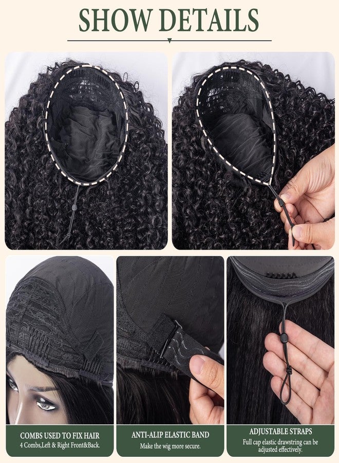 Prosa Kinky curly 3 in 1 Half Wig synthetic Hair, Seamless Flip Over Half Wigs Glueless Wear and Go Beginner Friendly Clip In Hair Drawstring Headband Wig for Women (1B, 22inch) - Image 3