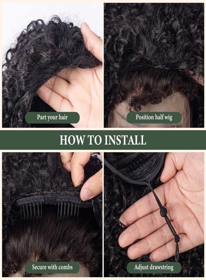 Prosa Kinky curly 3 in 1 Half Wig synthetic Hair, Seamless Flip Over Half Wigs Glueless Wear and Go Beginner Friendly Clip In Hair Drawstring Headband Wig for Women (1B, 22inch) - Image 2