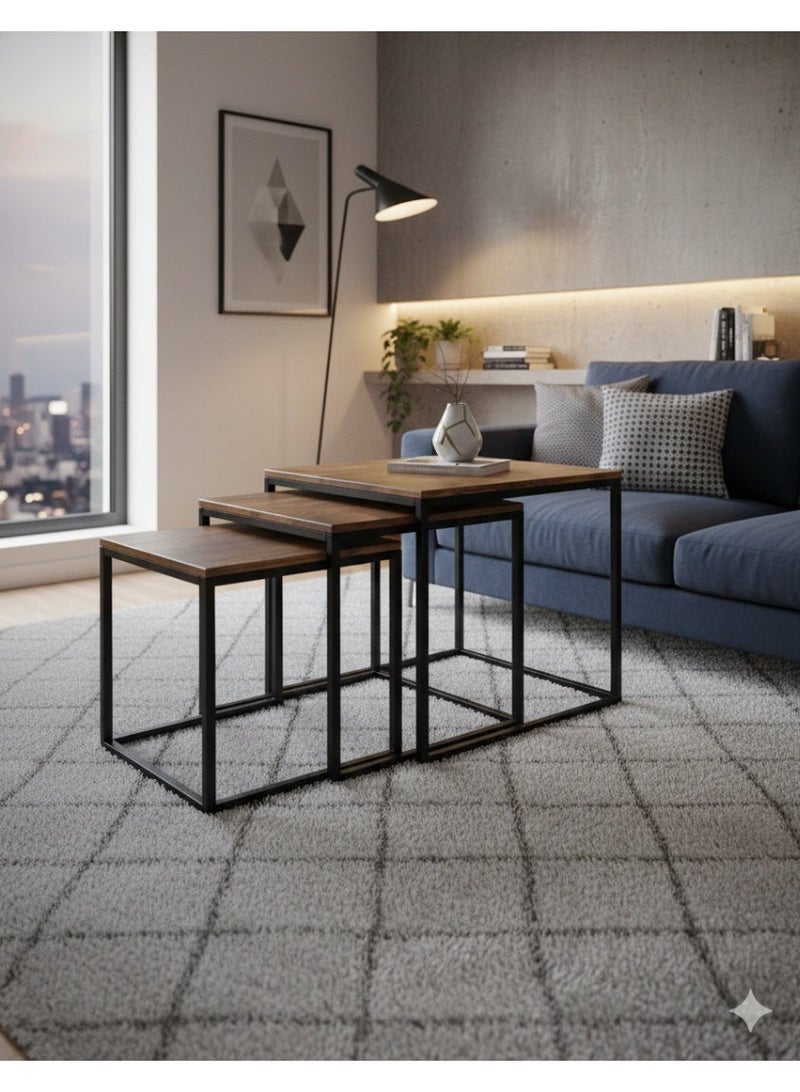 إكسبرت طقم طاولة متداخلة مكون من 3 قطع بتصميم أسطح خشبية مع ارجل سوداء من الستيل - Image 1