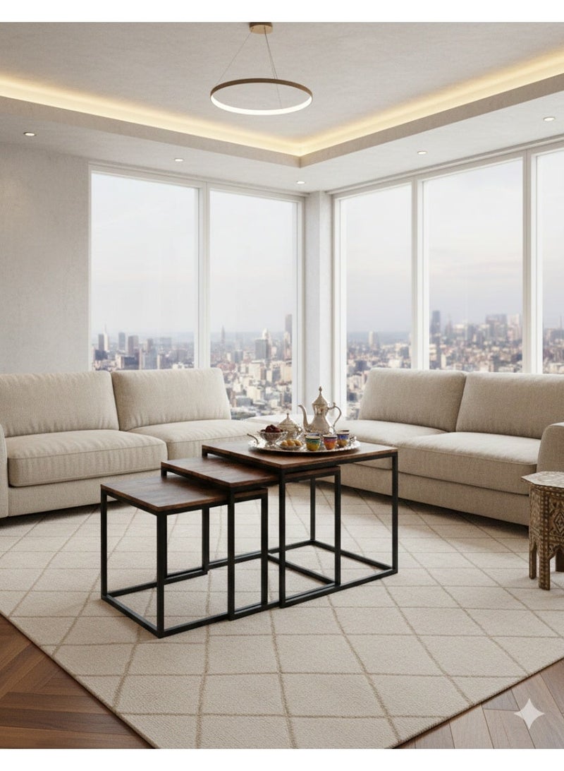 إكسبرت طقم طاولة متداخلة مكون من 3 قطع بتصميم أسطح خشبية مع ارجل سوداء من الستيل - Image 5