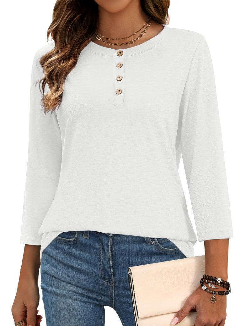 Zeagoo Three Quarter Sleeve Tops for Women 2026 Fall Clothes Dressy Casual Blouses Crewneck White T Shirts Vacation Outfits L - Image 2