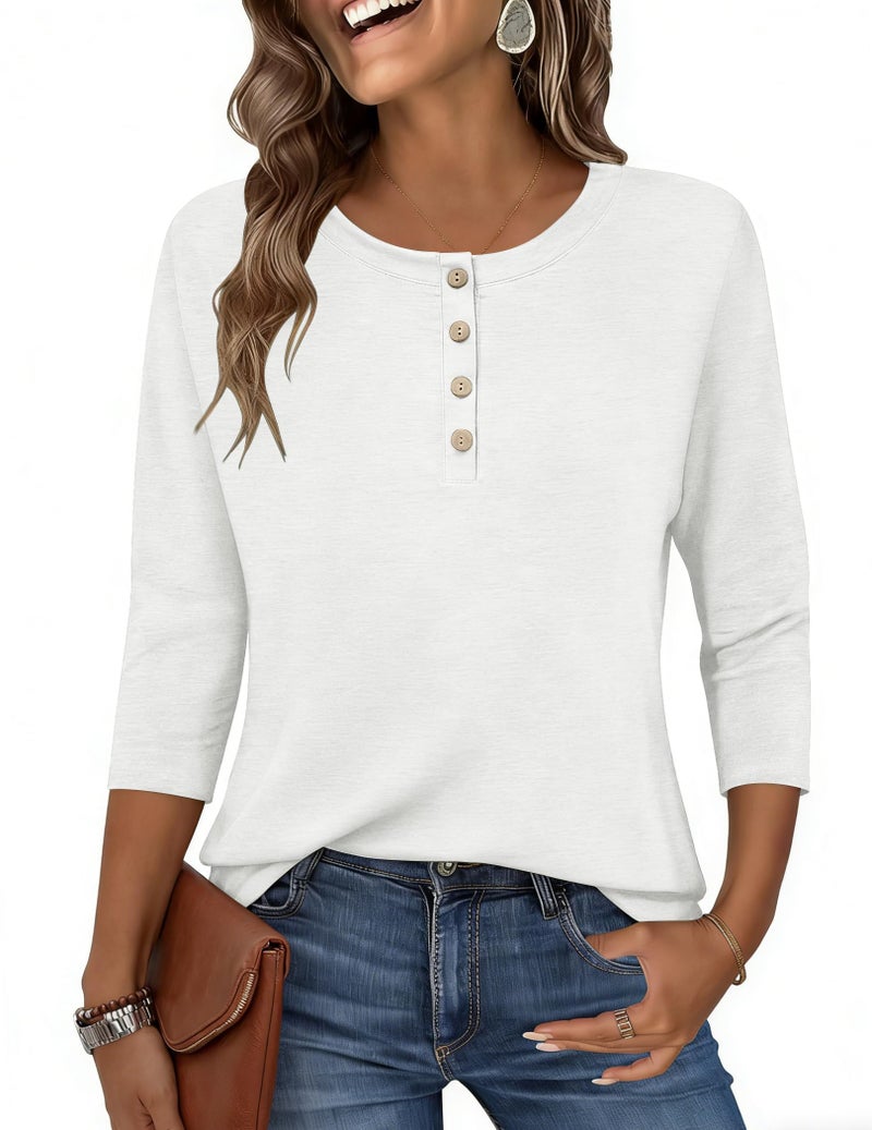 Zeagoo Three Quarter Sleeve Tops for Women 2026 Fall Clothes Dressy Casual Blouses Crewneck White T Shirts Vacation Outfits L - Image 1