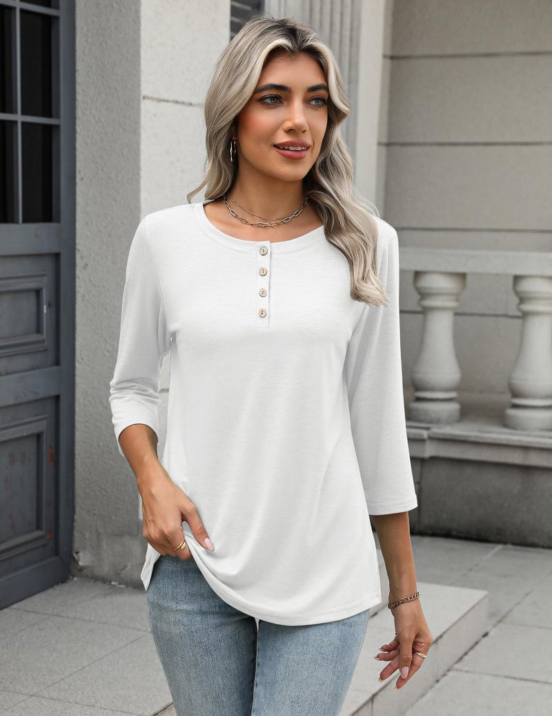 Zeagoo Three Quarter Sleeve Tops for Women 2026 Fall Clothes Dressy Casual Blouses Crewneck White T Shirts Vacation Outfits L - Image 5
