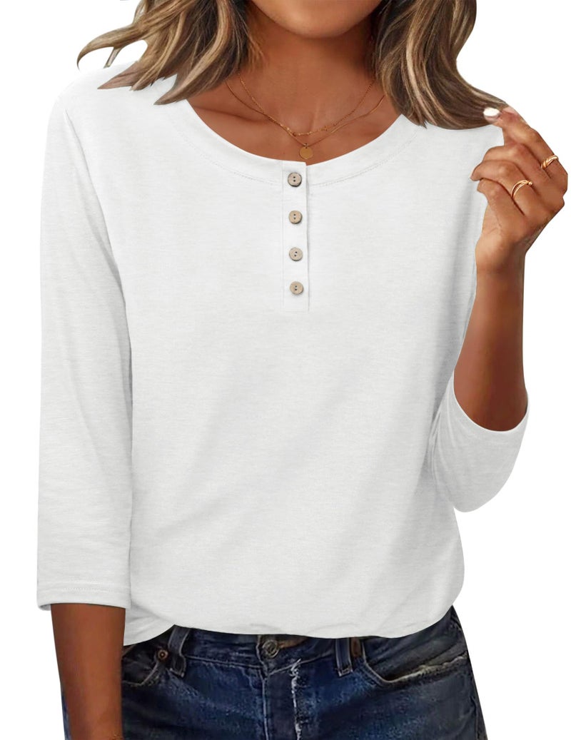 Zeagoo Three Quarter Sleeve Tops for Women 2026 Fall Clothes Dressy Casual Blouses Crewneck White T Shirts Vacation Outfits L - Image 4