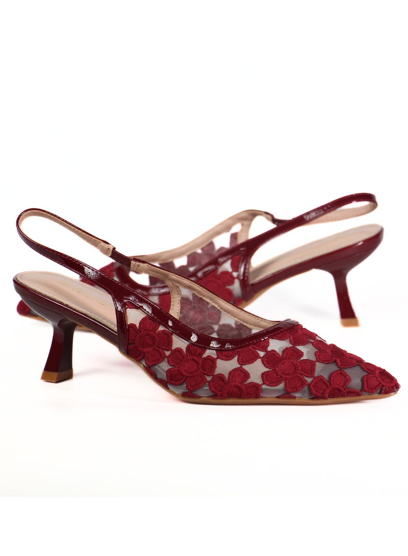 SD.Felano Women Slingback Heels With Floral Mesh Design | Elegant Pointed Toe Shoes | Lightweight Mid Heel Pumps | Comfortable Formal Footwear | Stylish Shoes For Office Events Parties And Evening Wear - Image 4