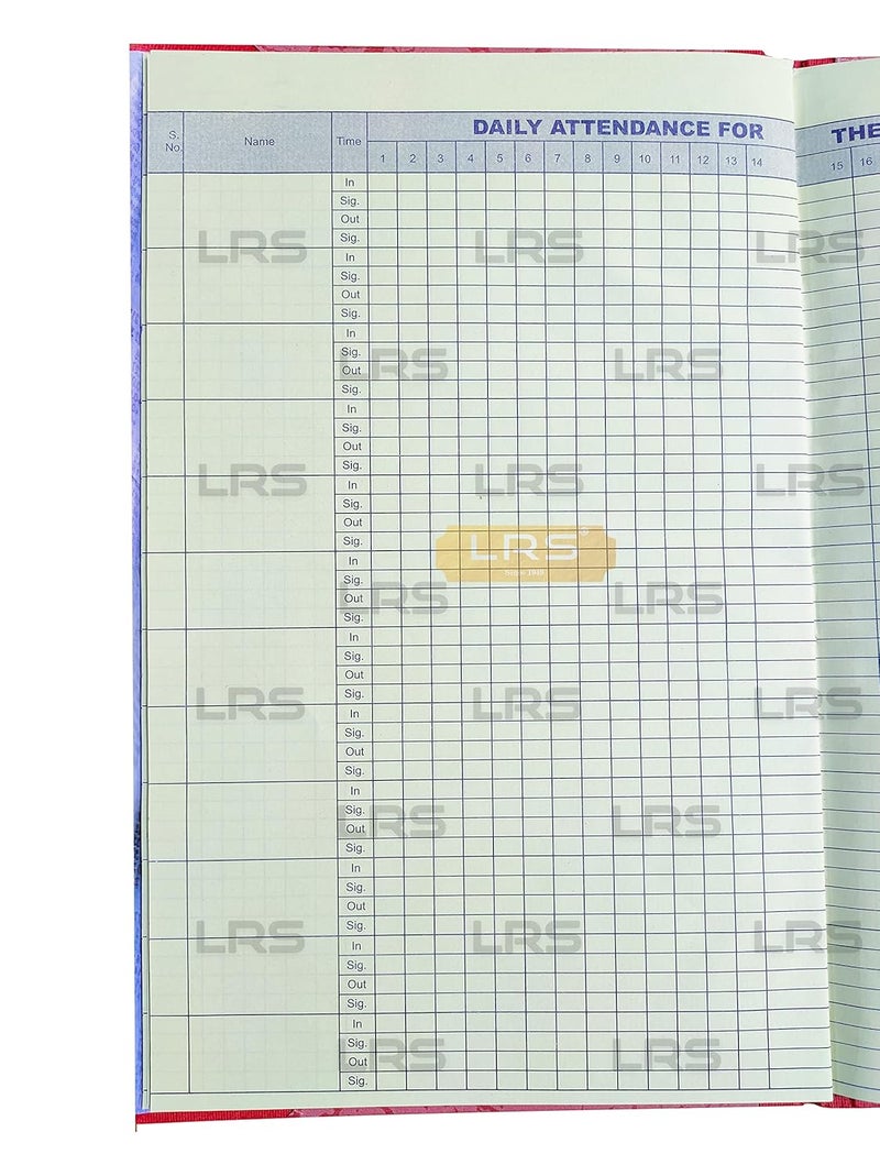 LRS دفتر حضور يومي مع عمود الوقت والتوقيع - حجم السجل - 34 * 21 سم - ورق دفتر حسابات بوزن 75 جرام - غلاف صلب - 12 إدخال لكل صفحة - 38 صفحة - عبوة من 1 - Image 2