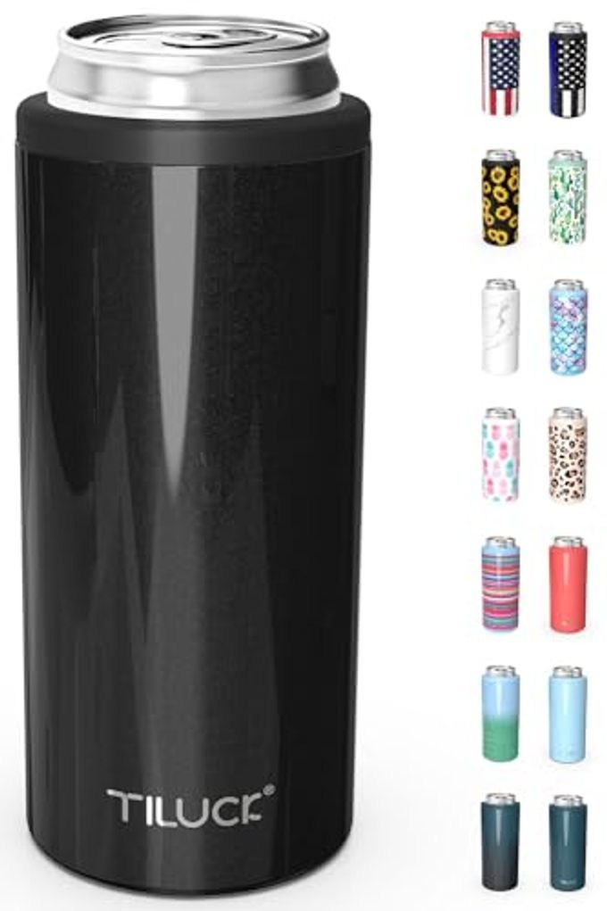 TILUCK Skinny Can Cooler for Slim Beer & Hard Seltzer, Stainless Steel, Doucle-Walled Stainless Steel Insulated Slim Cans, Standard 12 oz (Glitter Black)